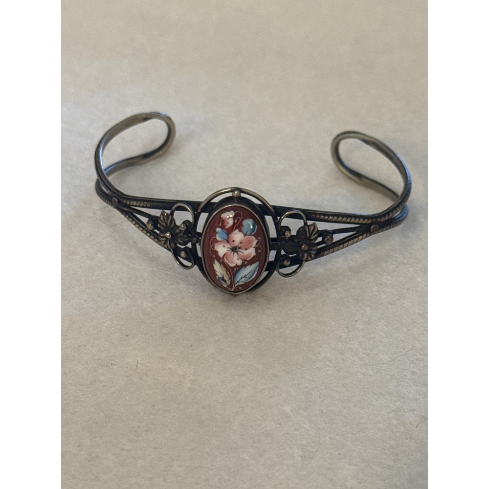 Unbranded Floral Cuff Bracelet Womens OS Silver Pink Hand Painted Filigree Boho